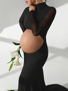 Cheriluna Maternity Maternity Photography Dress, Long Sleeve Stand Collar, Waist Cut-Out, Backless, Fish Tail Hem, Floor Length - Black - View 5