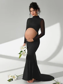 Cheriluna Maternity Maternity Photography Dress, Long Sleeve Stand Collar, Waist Cut-Out, Backless, Fish Tail Hem, Floor Length - Black - View 2