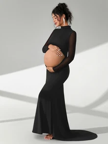 Cheriluna Maternity Maternity Photography Dress, Long Sleeve Stand Collar, Waist Cut-Out, Backless, Fish Tail Hem, Floor Length - Black - View 7
