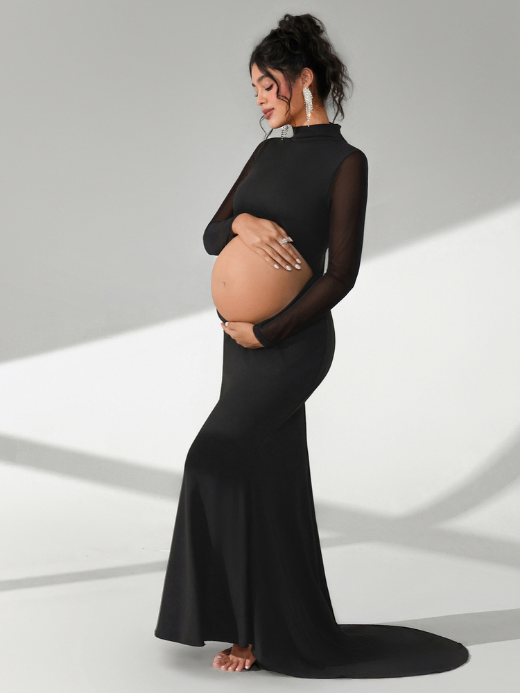 Cheriluna Maternity Maternity Photography Dress, Long Sleeve Stand Collar, Waist Cut-Out, Backless, Fish Tail Hem, Floor Length - Black - View 7