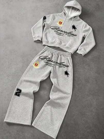 Manfinity EMRG Men's Letter Knight Pattern Hoodie And Pants Set