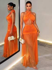 Zolique Women's Extra Long Dragging Neck Mesh Ruched Backless Dress Vacation Orange Summer Tropical - Orange - View 1