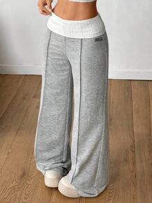 SHEIN Teen Girl Teen Girl Fashion Casual Color Block Waistband Wide Leg Sweatpants - Light Grey - View 9