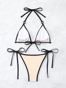Swim Basics Women Summer Beach Fashion Contrast Trim Halter Neck Bikini Set - Apricot - View 3