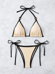 Swim Basics Women Summer Beach Fashion Contrast Trim Halter Neck Bikini Set - Apricot - View 5