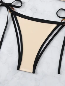 Swim Basics Women Summer Beach Fashion Contrast Trim Halter Neck Bikini Set - Apricot - View 4