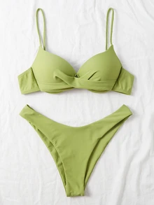 Swim Basics Bikini de unicolor con escote halter cruzado, con soporte, para el verano - Verde - Ver 2