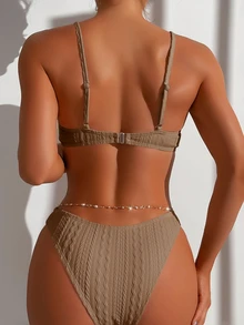 Swim Basics Summer Beach Plain Chain Belted Bikini Set Bathing Suit - Khaki - View 3