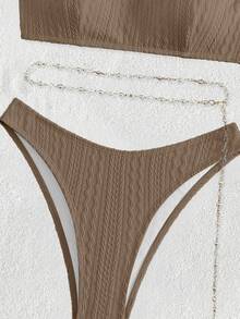 Swim Basics Summer Beach Plain Chain Belted Bikini Set Bathing Suit - Khaki - View 5