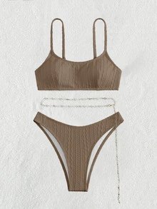 Swim Basics Summer Beach Plain Chain Belted Bikini Set Bathing Suit - Khaki - View 4
