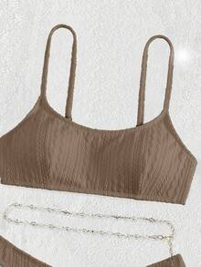 Swim Basics Summer Beach Plain Chain Belted Bikini Set Bathing Suit - Khaki - View 7