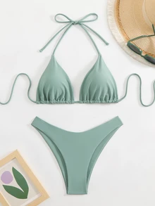Swim Basics Women Simple Fashion Casual Everyday Swimwear Set For Summer Beach Vacation - Green - View 2