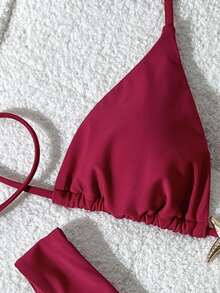 Swim Basics Women's Solid Color Spaghetti Strap Metal Decor Sexy Bikini Set, Summer - Red - View 4