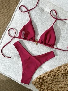 Swim Basics Women's Solid Color Spaghetti Strap Metal Decor Sexy Bikini Set, Summer - Red - View 3