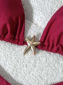 Swim Basics Women's Solid Color Spaghetti Strap Metal Decor Sexy Bikini Set, Summer - Red - View 5
