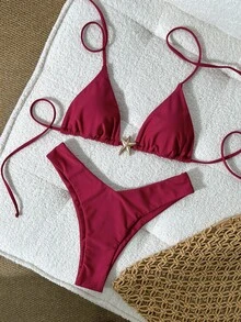 Swim Basics Women's Solid Color Spaghetti Strap Metal Decor Sexy Bikini Set, Summer - Red - View 2