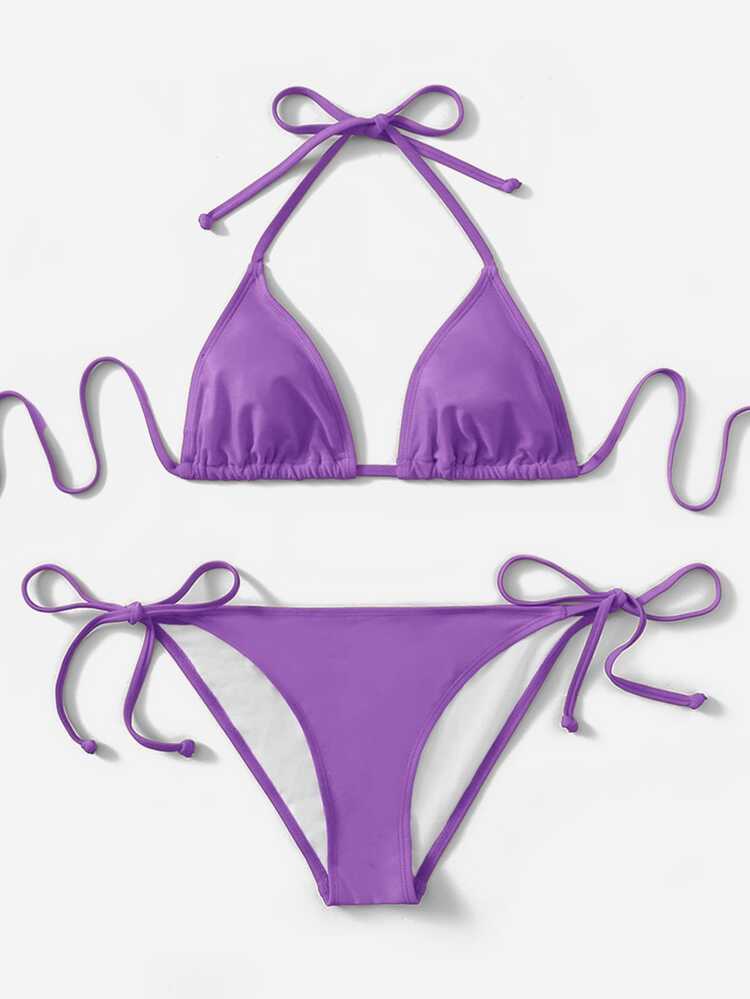 Swim Basics 2025 Solid Color Minimalist Halter Neck Bikini Set,Purple Summer Casual Micro Bikini,Beach Holiday Tie Purple Bathing Suits Daily Wear Holiday - Purple - View 2