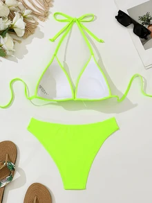 Swim Basics 女士荧光绿色绑颈比基尼套装，配有分体式底部，适用于夏季海滩度假，带硬杯。 - 綠色 - 查看 3
