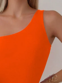 Swim Basics 1 件女式纯色连体无袖泳衣，适合夏季海滩度假 - 橘色 - 查看 5