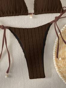 Swim Basics Summer Beach Women's Solid Color Halter Neck Tie Bra & Swim Bottom Two-Piece Bikini Set Bathing Suit For Beach Vacation - Chocolate Brown - View 5