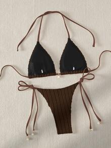 Swim Basics Summer Beach Women's Solid Color Halter Neck Tie Bra & Swim Bottom Two-Piece Bikini Set Bathing Suit For Beach Vacation - Chocolate Brown - View 4