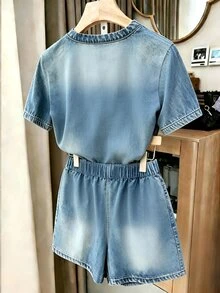 EMERY ROSE [Denim Effect] Plus Size Women's Denim Effect Print Short Sleeve Top And Shorts Casual 2 Pieces Set - Multicolor - View 2