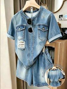 EMERY ROSE [Denim Effect] Plus Size Women's Denim Effect Print Short Sleeve Top And Shorts Casual 2 Pieces Set - Multicolor - View 1