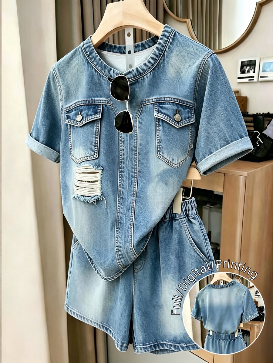 EMERY ROSE [Denim Effect] Plus Size Women's Denim Effect Print Short Sleeve Top And Shorts Casual 2 Pieces Set - Multicolor - View 1