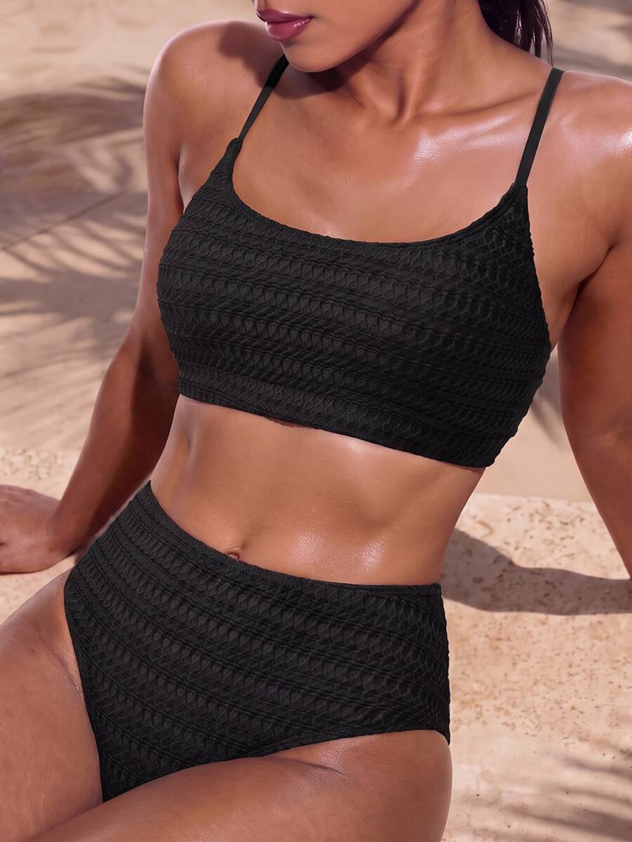 Swim Basics Conjunto de bikini texturizado de unicolor para mujer de playa de verano - Negro - Ver 1