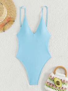 Swim Basics Plus Size Women Summer Beach Vacation V-Neck One-Piece Swimsuit - Baby Blue - View 2