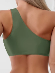 Swim Basics Summer Beach Women's Solid Color Cut-Out One Shoulder Sleeveless Bikini Set For Beach Vacation - Army Green - View 6