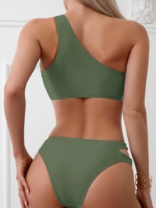 Swim Basics Summer Beach Women's Solid Color Cut-Out One Shoulder Sleeveless Bikini Set For Beach Vacation - Army Green - View 3