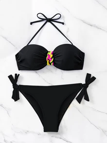 Swim Basics PUSH UP Halter Neck Summer Beach Bikini Set With Random Print For Women - Black - View 8