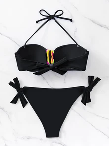 Swim Basics PUSH UP Halter Neck Summer Beach Bikini Set With Random Print For Women - Black - View 5