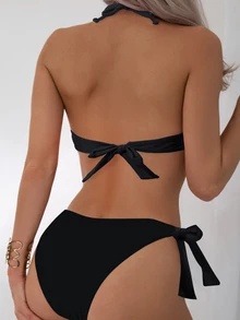 Swim Basics PUSH UP Halter Neck Summer Beach Bikini Set With Random Print For Women - Black - View 4