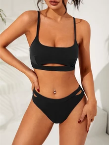 Swim Basics Summer Beach Solid Bikini Set Cut-Out Cami Bra & Cut Out Bikini Bottom 2 Piece Bathing Suit - Black - View 3