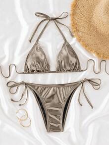 Swim Basics Women Summer Beach Solid Color Metallic Halter Tie Sexy Bikini Two Pieces Swimwear Set - Bronze - View 2