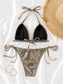 Swim Basics Women Summer Beach Solid Color Metallic Halter Tie Sexy Bikini Two Pieces Swimwear Set - Bronze - View 3