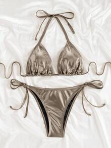 Swim Basics Women Summer Beach Solid Color Metallic Halter Tie Sexy Bikini Two Pieces Swimwear Set - Bronze - View 4