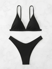 Swim Basics Women's Two-Piece Bikini Set - Deep V-Neck Spaghetti Strap Backless Top And Sexy Bikini Set Bottoms Summer Beach - Black - View 7