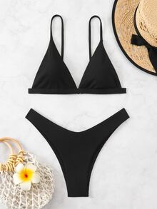 Swim Basics Women's Two-Piece Bikini Set - Deep V-Neck Spaghetti Strap Backless Top And Sexy Bikini Set Bottoms Summer Beach - Black - View 2