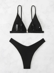 Swim Basics Women's Two-Piece Bikini Set - Deep V-Neck Spaghetti Strap Backless Top And Sexy Bikini Set Bottoms Summer Beach - Black - View 3