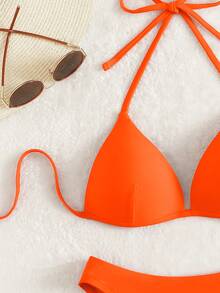 Swim Basics Women Summer Beach Solid Halter Simple And Fashionable Two-Piece Bikini Set Bathing Suit For Vacation - Burnt Orange - View 6