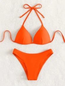 Swim Basics Women Summer Beach Solid Halter Simple And Fashionable Two-Piece Bikini Set Bathing Suit For Vacation - Burnt Orange - View 5