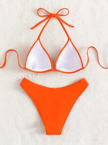 Swim Basics Women Summer Beach Solid Halter Simple And Fashionable Two-Piece Bikini Set Bathing Suit For Vacation - Burnt Orange - View 3