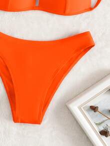 Swim Basics Women Summer Beach Solid Halter Simple And Fashionable Two-Piece Bikini Set Bathing Suit For Vacation - Burnt Orange - View 4