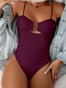 Swim Basics 女士夏季海滩度假风纯色金属细节褶皱胸部镂空修身连体泳衣西式泳衣镂空连体泳衣单件式泳衣全包臀泳衣吊带连体镂空泳衣酒红色连体镂空泳衣 - 酒紅色 - 查看 4