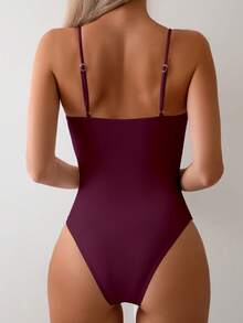 Swim Basics 女士夏季海滩度假风纯色金属细节褶皱胸部镂空修身连体泳衣西式泳衣镂空连体泳衣单件式泳衣全包臀泳衣吊带连体镂空泳衣酒红色连体镂空泳衣 - 酒紅色 - 查看 6
