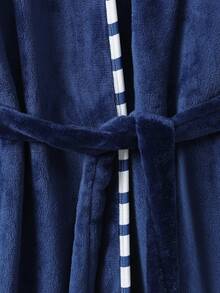 Teen Boys Pajamas, Navy Blue Fleece Embroidered Badge Open Front Waist Tie Long Sleeve Hooded Robe, Fleece-Lined And Thickened Autumn/Winter - Navy Blue - View 4
