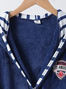 Teen Boys Pajamas, Navy Blue Fleece Embroidered Badge Open Front Waist Tie Long Sleeve Hooded Robe, Fleece-Lined And Thickened Autumn/Winter - Navy Blue - View 3
